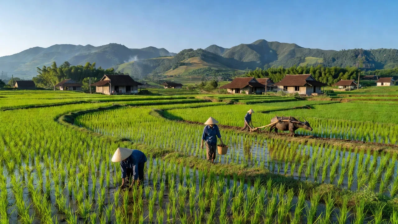 Phong cảnh xã Tứ Xã, huyện Lâm Thao, tỉnh Phú Thọ với cánh đồng xanh và người nông dân làm việc.
