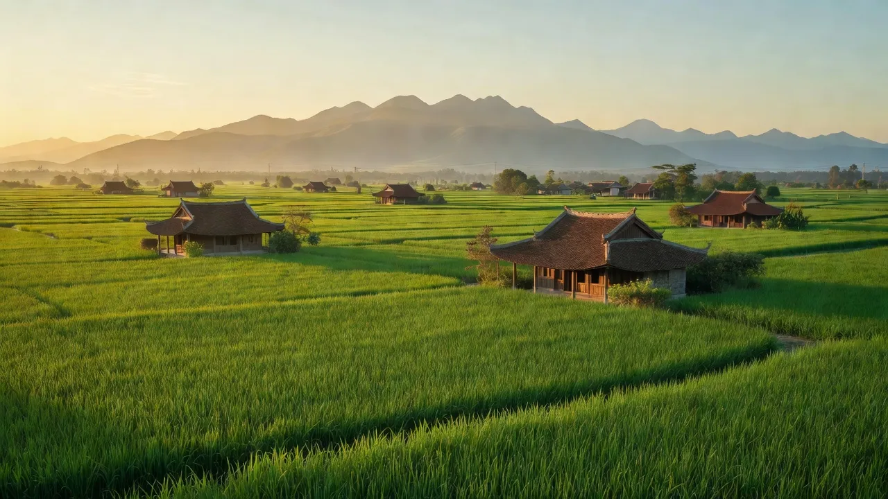 Xuân Huy, Lâm Thao, Phú Thọ: Cánh đồng xanh và núi non trong khung cảnh miền quê Việt Nam.