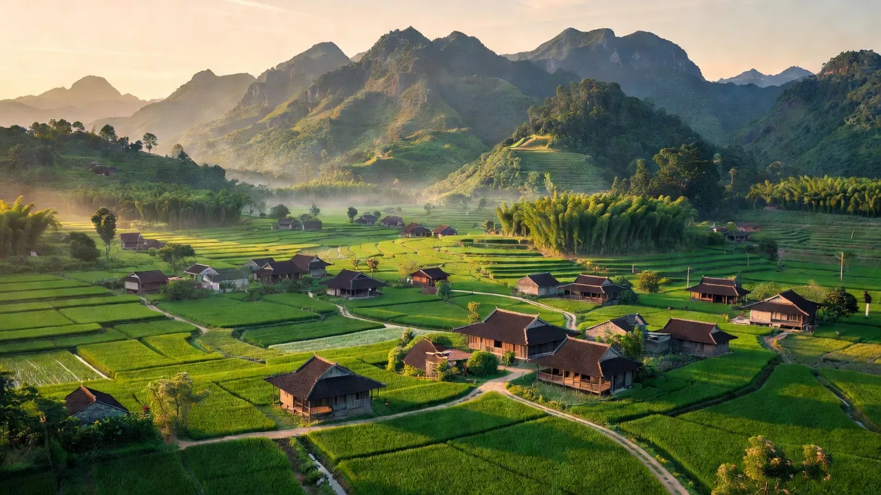 Khung cảnh đẹp của xã Xuân Lũng, huyện Lâm Thao, tỉnh Phú Thọ với núi non và cánh đồng xanh.