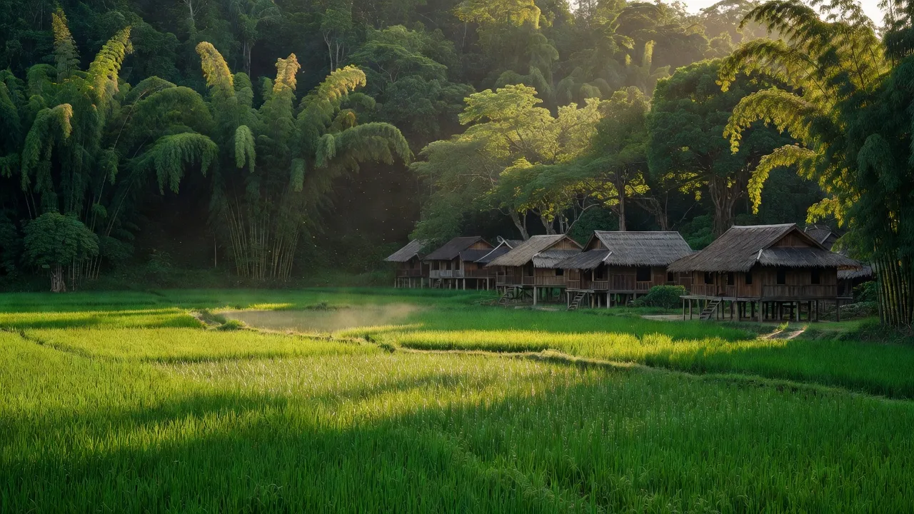 Khung cảnh huyện Phù Ninh, Phú Thọ với cánh đồng xanh và nhà truyền thống, lý tưởng cho du lịch.