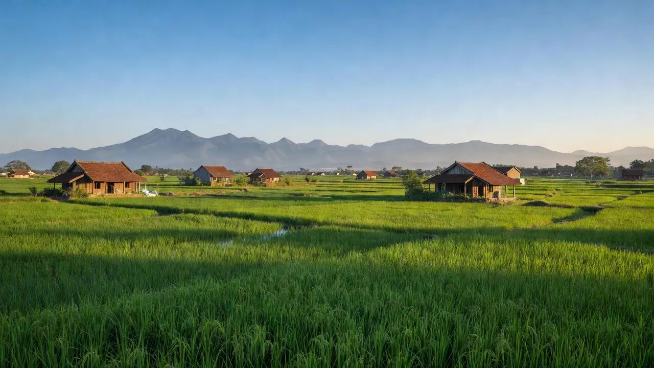 Cảnh sắc nông thôn xã An Đạo, huyện Phù Ninh, tỉnh Phú Thọ với cánh đồng xanh và nhà truyền thống.