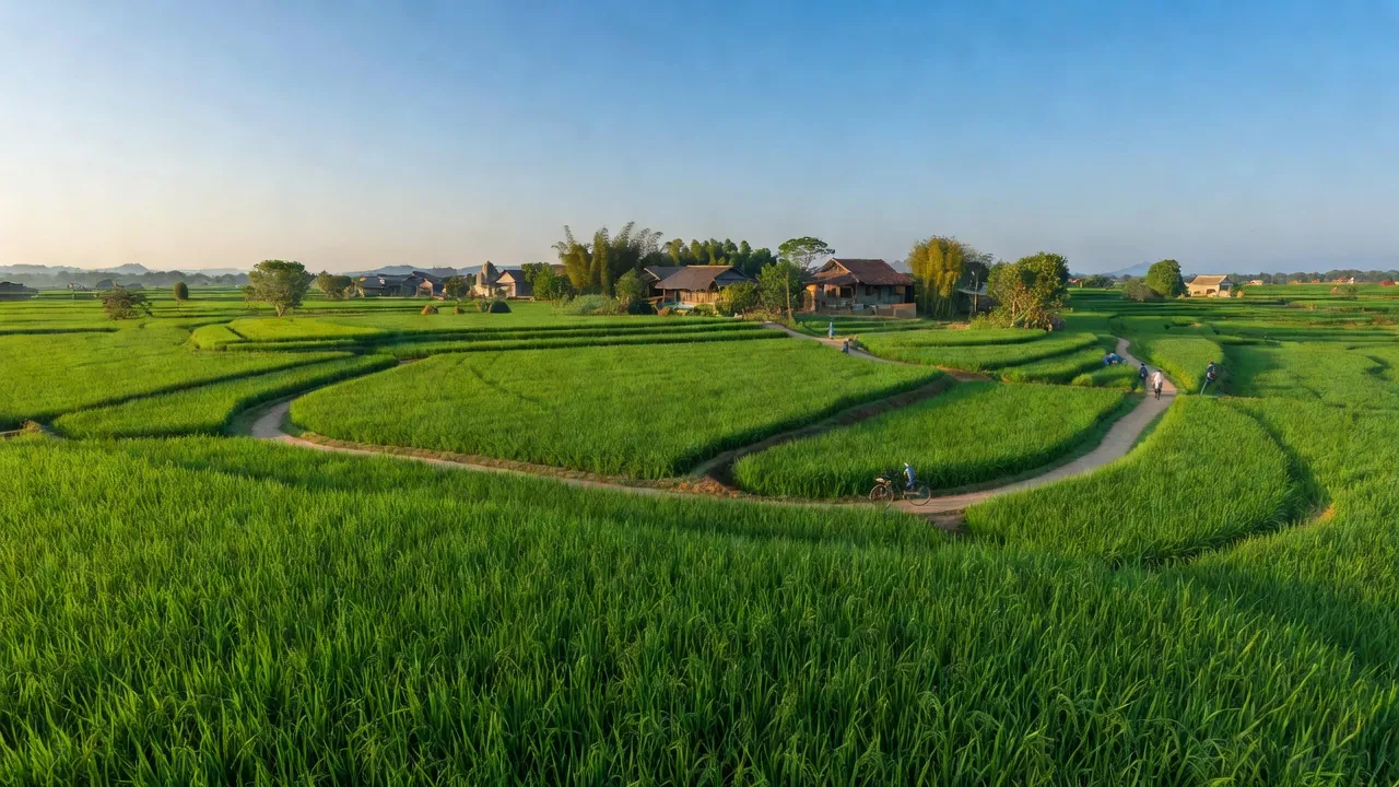 Khung cảnh đẹp ở xã An Đạo, huyện Phù Ninh, tỉnh Phú Thọ với cánh đồng và nhà truyền thống.