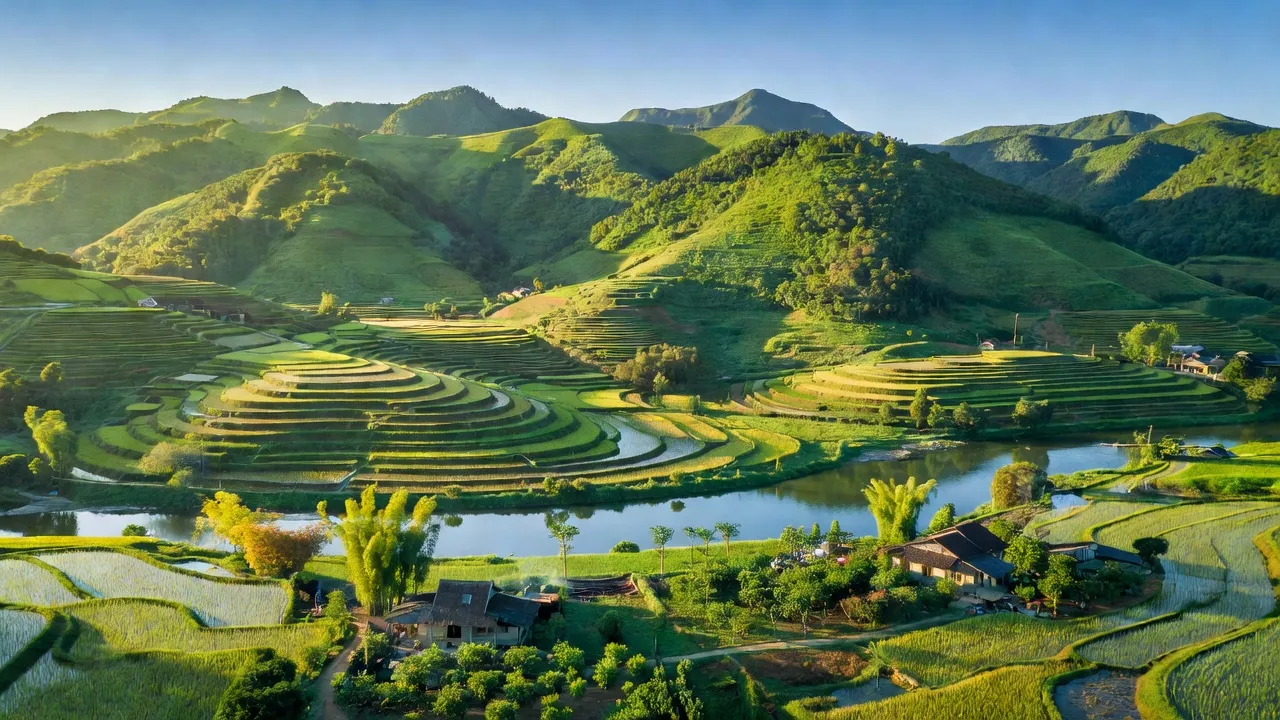 Cảnh quan xã Bảo Thanh, huyện Phù Ninh, tỉnh Phú Thọ với đồi núi, ruộng bậc thang và sông nước.