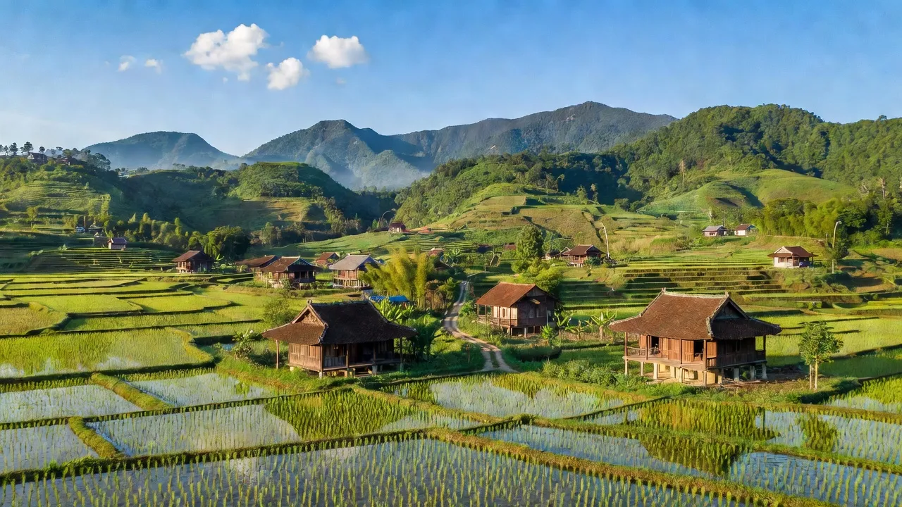 Khung cảnh đẹp của xã Bảo Thanh, huyện Phù Ninh, tỉnh Phú Thọ với núi xanh và cánh đồng lúa.