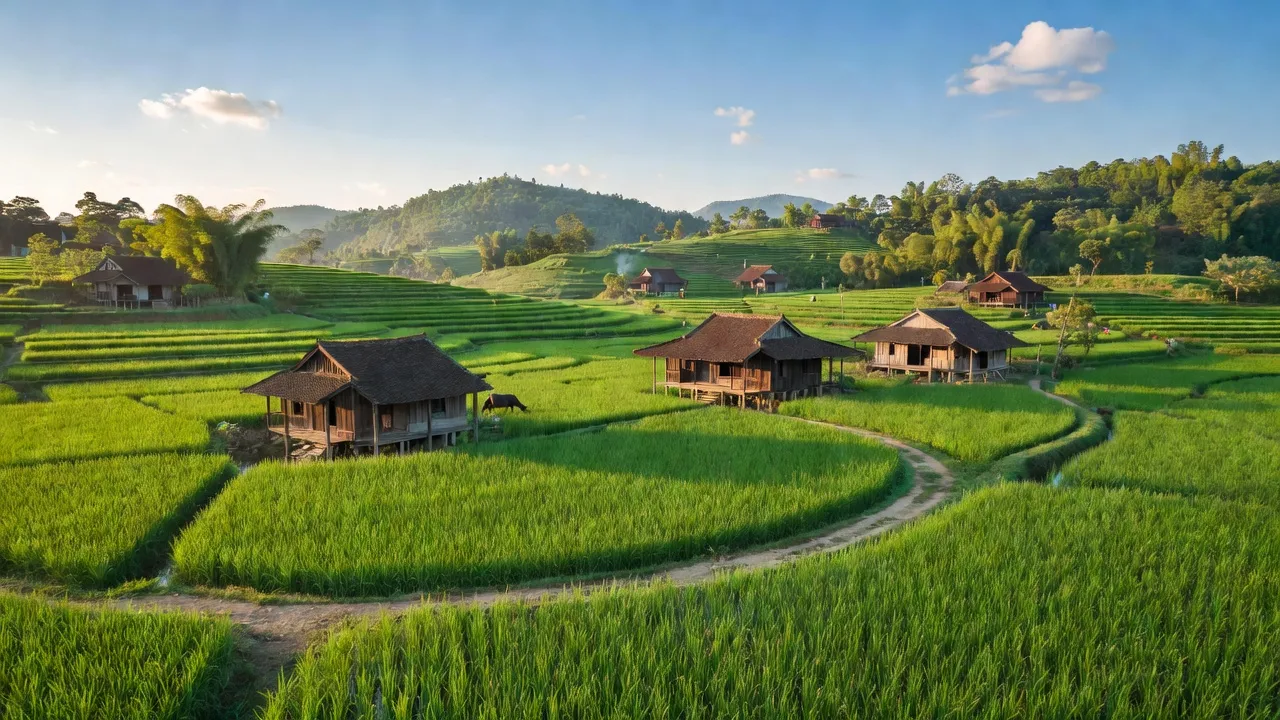Cảnh làng quê xã Gia Thanh, huyện Phù Ninh, tỉnh Phú Thọ với đồng xanh và trời trong.