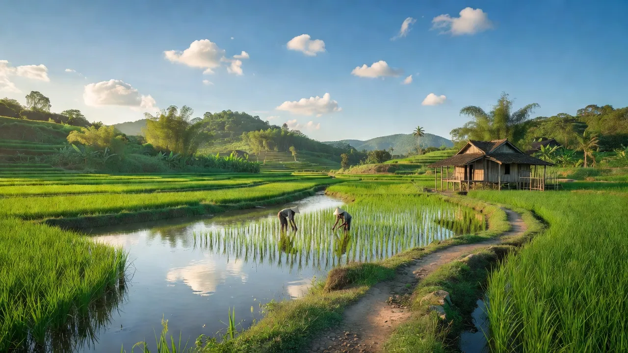 Khung cảnh nông thôn xã Gia Thanh, huyện Phù Ninh, tỉnh Phú Thọ với cánh đồng và đồi thấp.