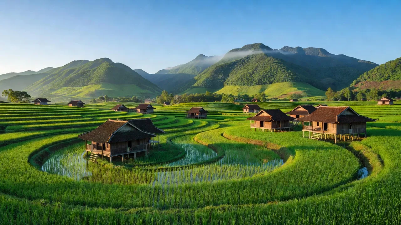 Khung cảnh Lệ Mỹ, huyện Phù Ninh với cánh đồng xanh và nhà truyền thống Việt Nam.