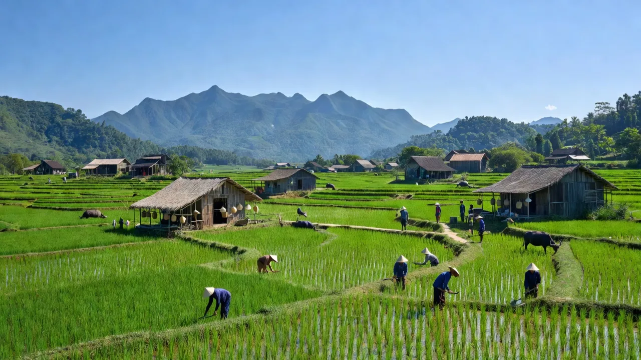 Khung cảnh nông thôn đẹp ở xã Lệ Mỹ, huyện Phù Ninh, tỉnh Phú Thọ với ruộng bậc thang và nhà truyền thống.