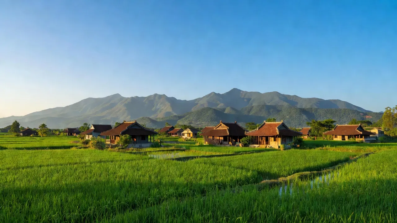 Khung cảnh làng Liên Hoa, Phú Thọ với đồng xanh và núi non hùng vĩ, thiên nhiên tươi đẹp.