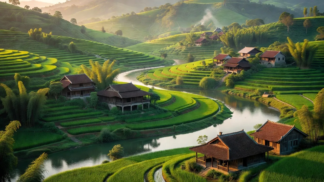 Khung cảnh xã Liên Hoa, huyện Phù Ninh, tỉnh Phú Thọ với những ngọn đồi xanh tươi và nhà truyền thống.