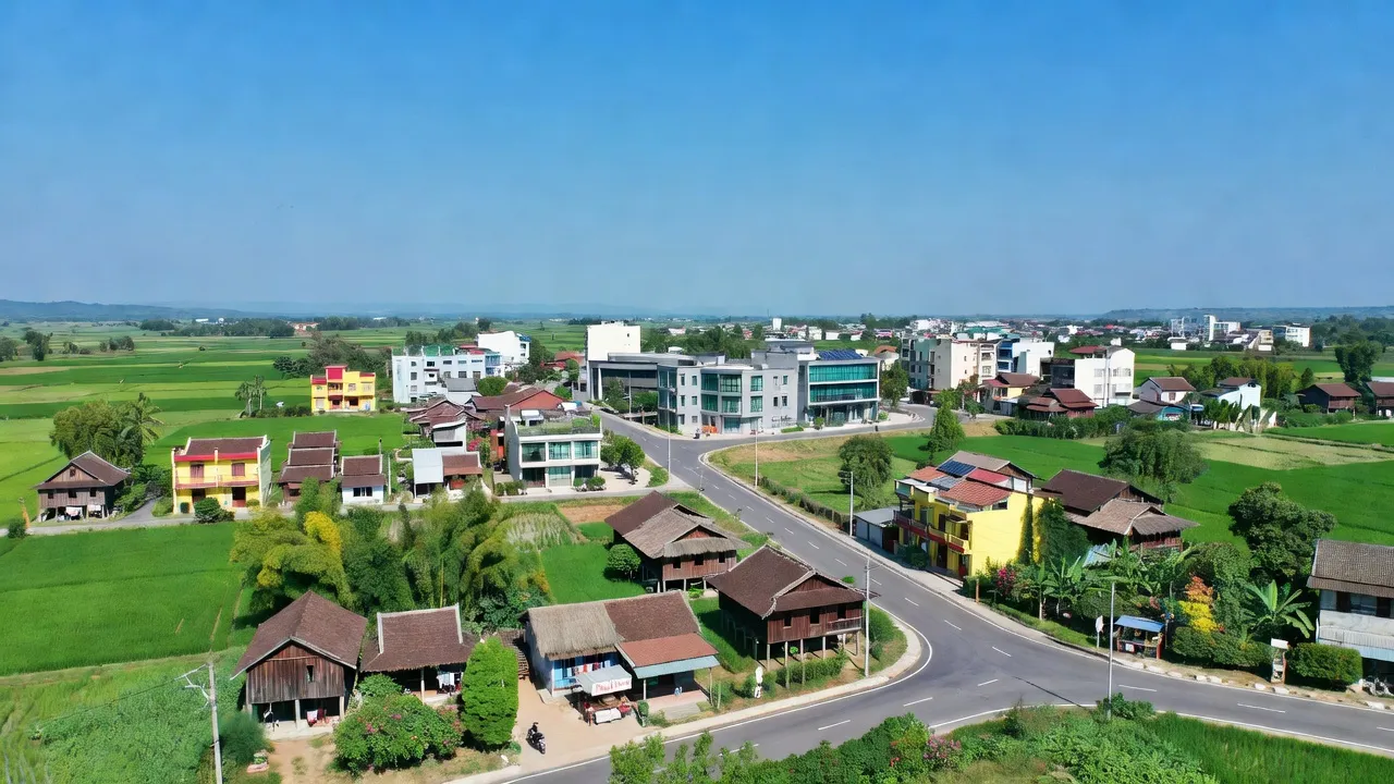 Phong Châu town in Phu Thọ, blending urban and rural landscapes with greenery and local architecture.