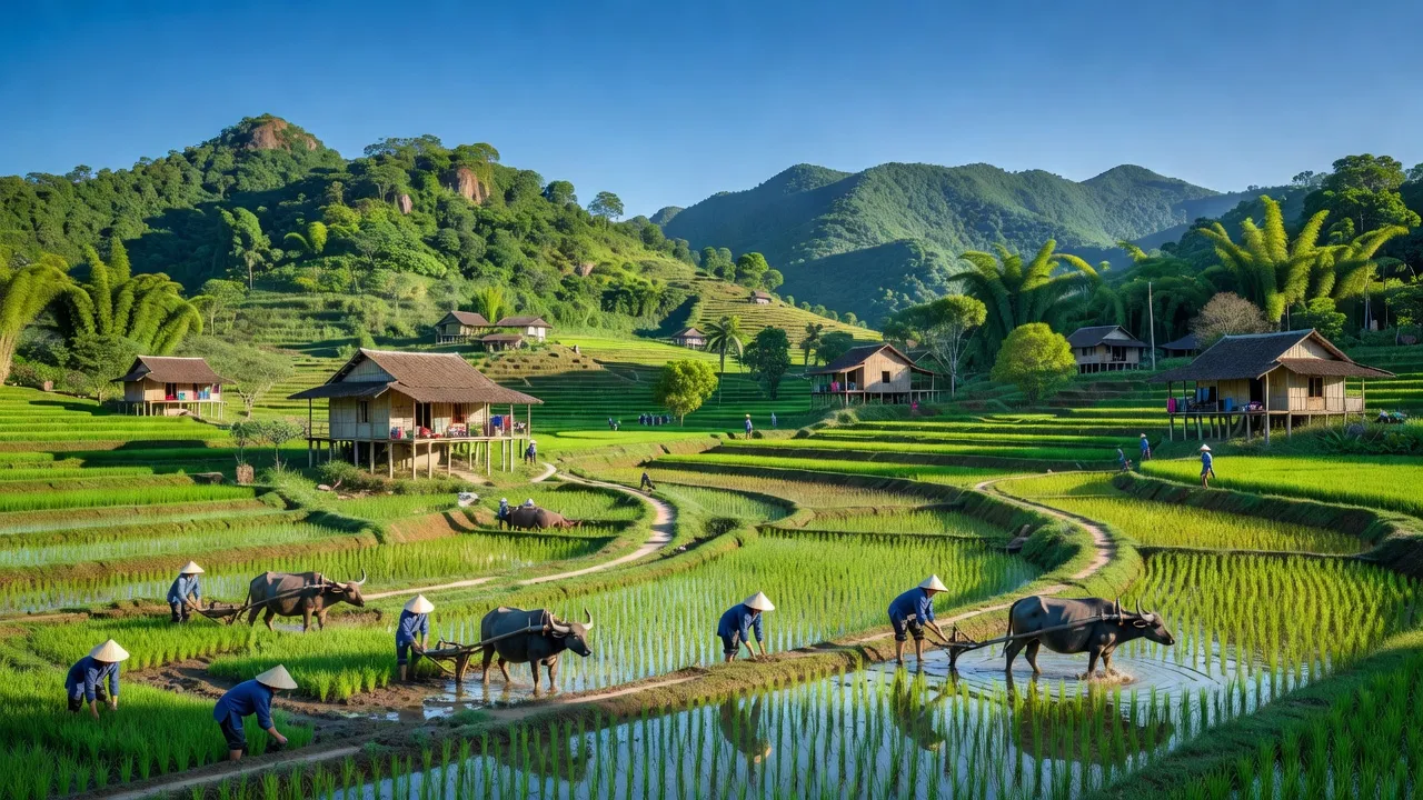 Cảnh quan xã Phú Lộc, huyện Phù Ninh, tỉnh Phú Thọ với núi non xanh tươi và không gian nông thôn đặc trưng.