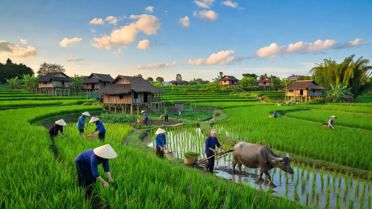 Cảnh đẹp xã Phú Mỹ, huyện Phù Ninh, tỉnh Phú Thọ với cánh đồng xanh và nhà truyền thống.