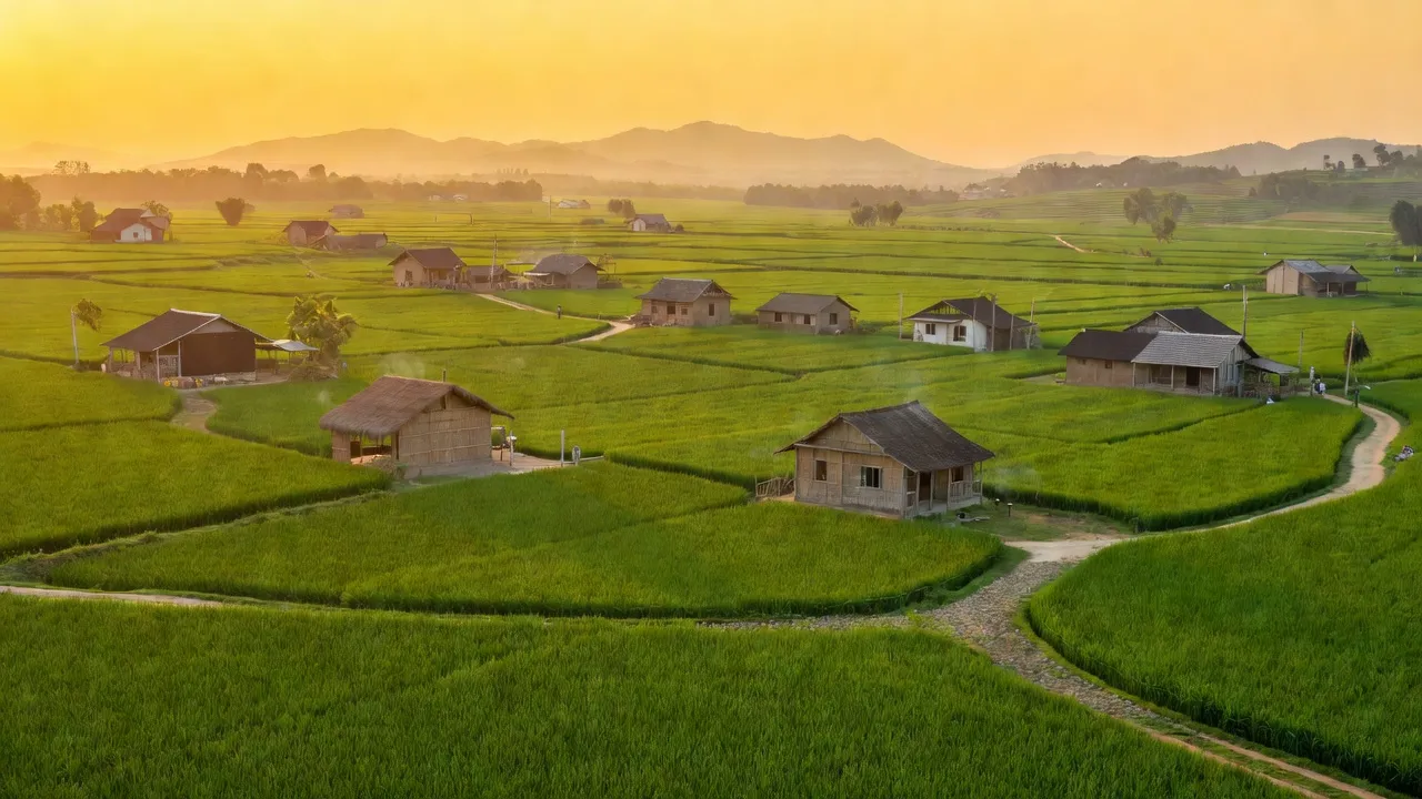 Khung cảnh bình yên tại xã Phú Nham, huyện Phù Ninh, tỉnh Phú Thọ với cánh đồng xanh và nhà nông thôn.