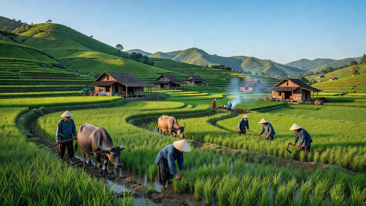 Khung cảnh xã Tiên Du, huyện Phù Ninh, tỉnh Phú Thọ với đồng ruộng xanh và nhà dân.