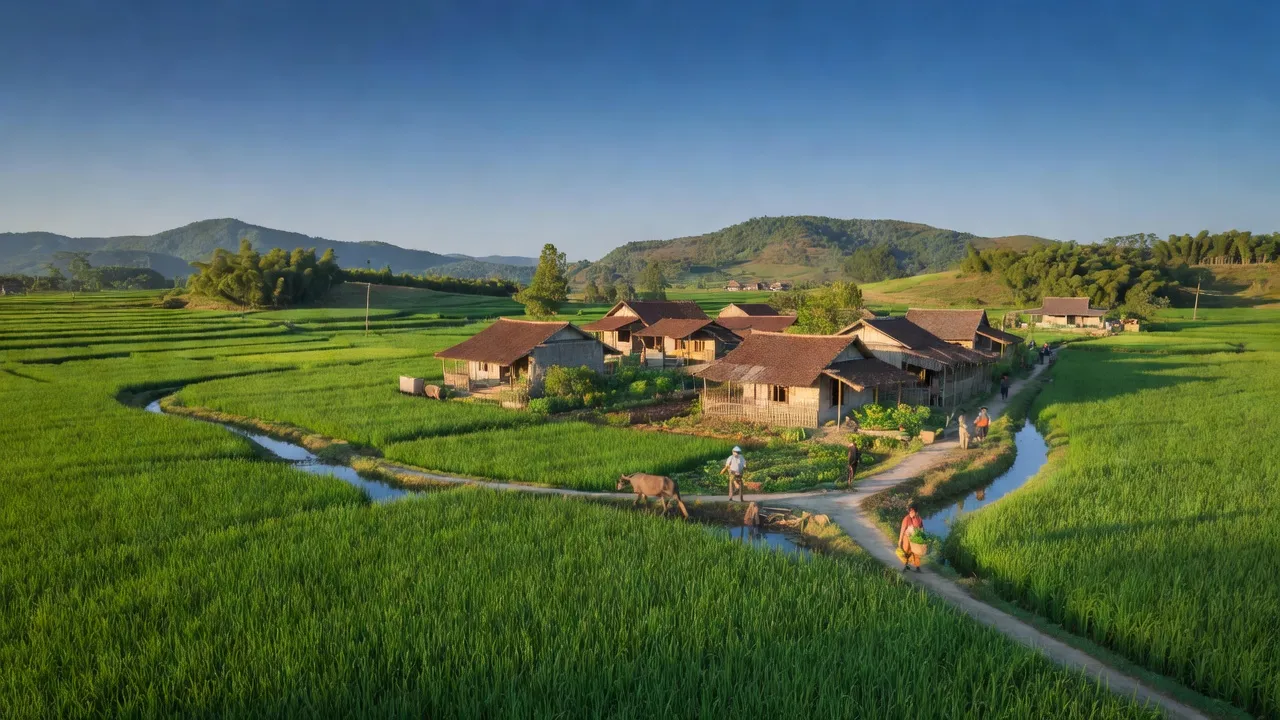 Khung cảnh yên bình Xã Tiên Du, huyện Phù Ninh, tỉnh Phú Thọ với cánh đồng xanh và nhà truyền thống.