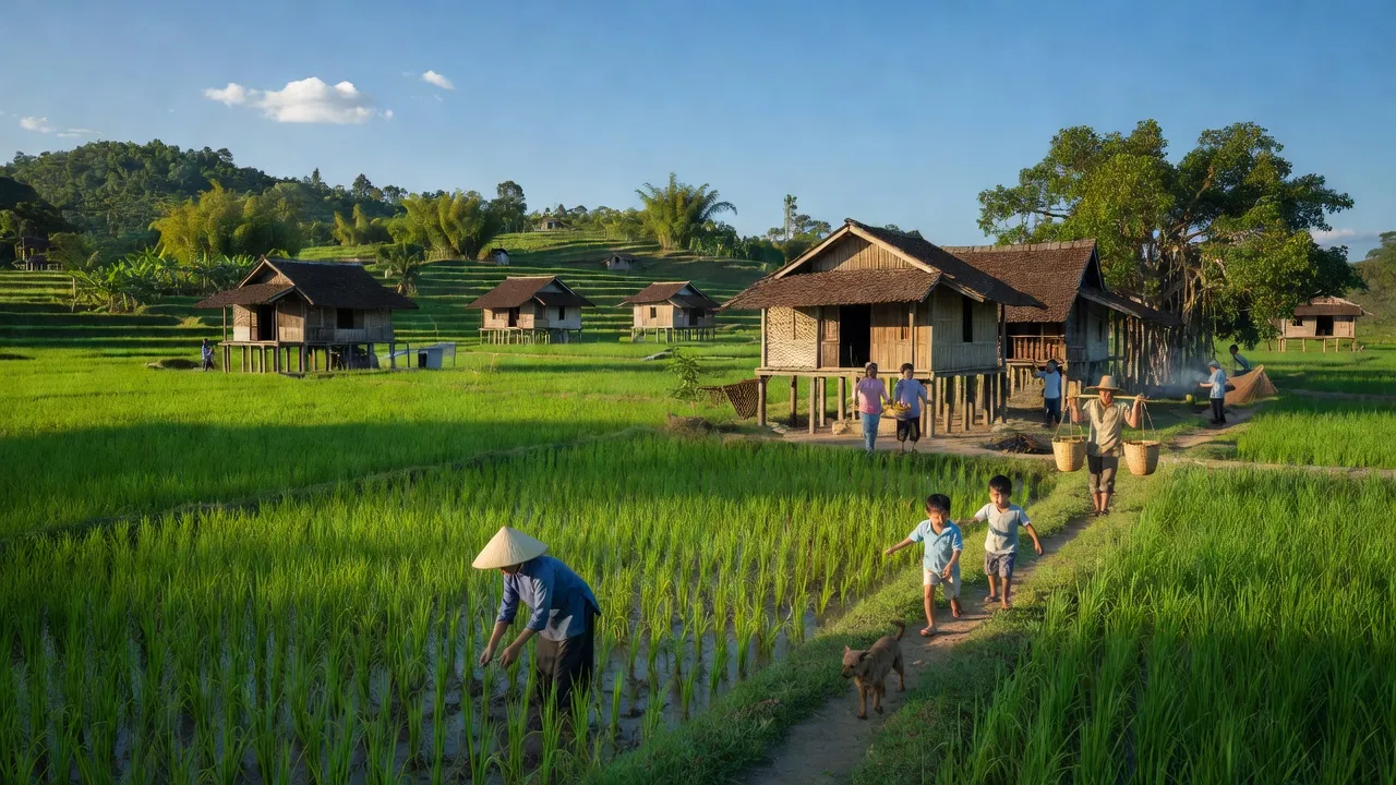 Cảnh quan xã Trạm Thản, huyện Phù Ninh, Phú Thọ với đồng xanh và nhà truyền thống.