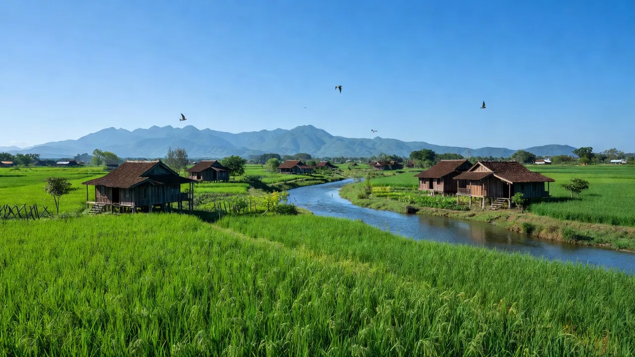 Cảnh quan Xã Trị Quận, Huyện Phù Ninh, Tỉnh Phú Thọ với cánh đồng xanh, nhà truyền thống và núi xa.