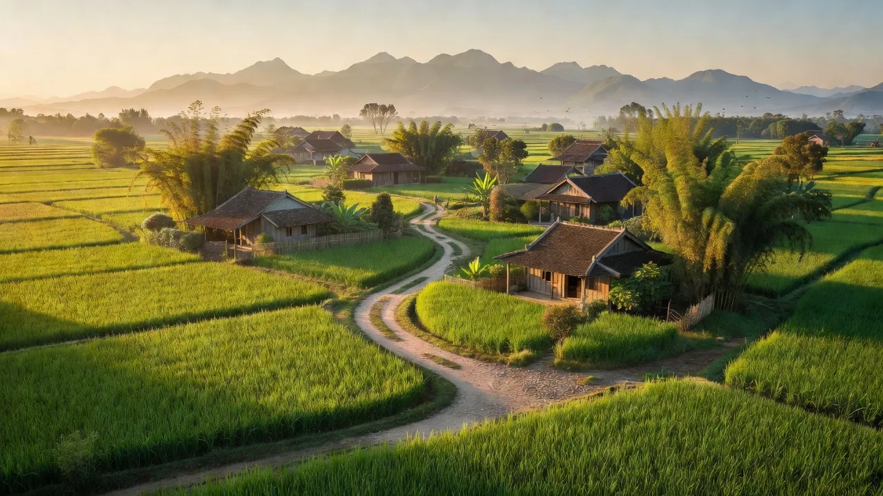 Cảnh đẹp xã Trung Giáp, huyện Phù Ninh, tỉnh Phú Thọ với cánh đồng xanh và núi xa.