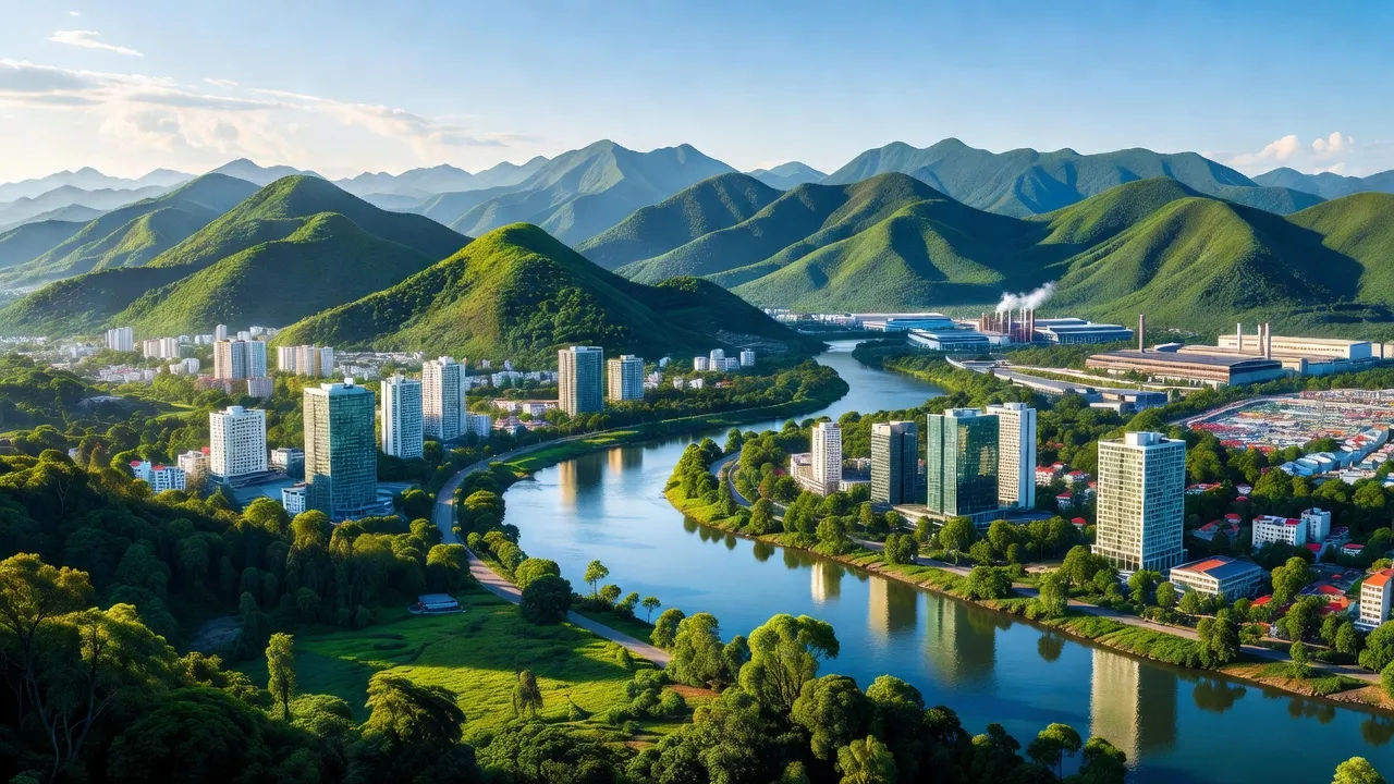 Khung cảnh thị xã Phú Thọ, Tỉnh Phú Thọ với núi non, sông nước và đô thị phát triển.
