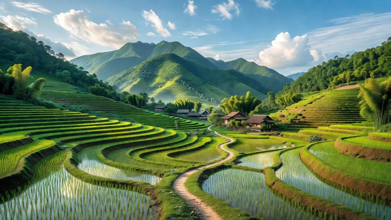 Cảnh thiên nhiên xã Văn Lung, Thị xã Phú Thọ với núi non, ruộng bậc thang và làng mạc bình yên.