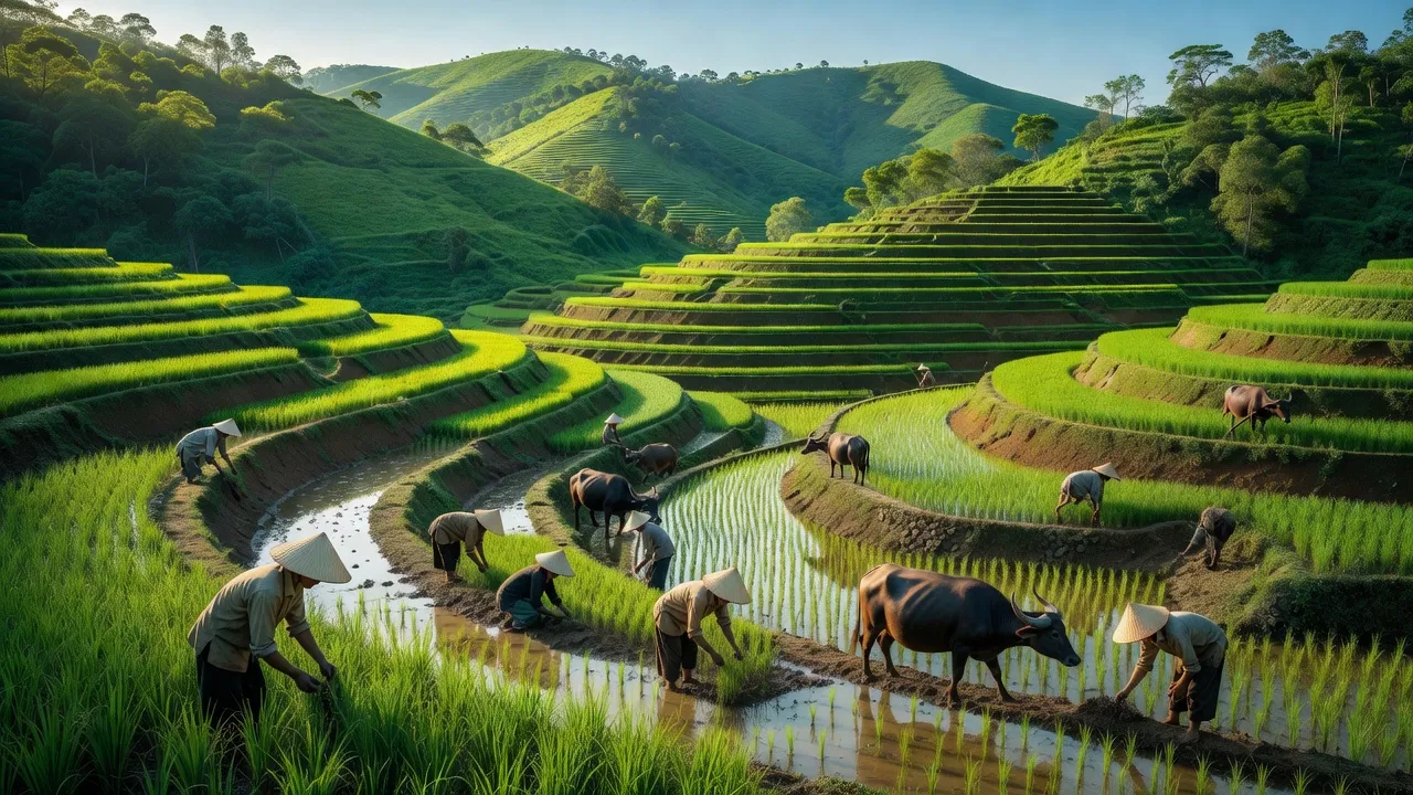 Khung cảnh nông thôn xã Văn Lung, Thị xã Phú Thọ, với ruộng bậc thang và người dân lao động.