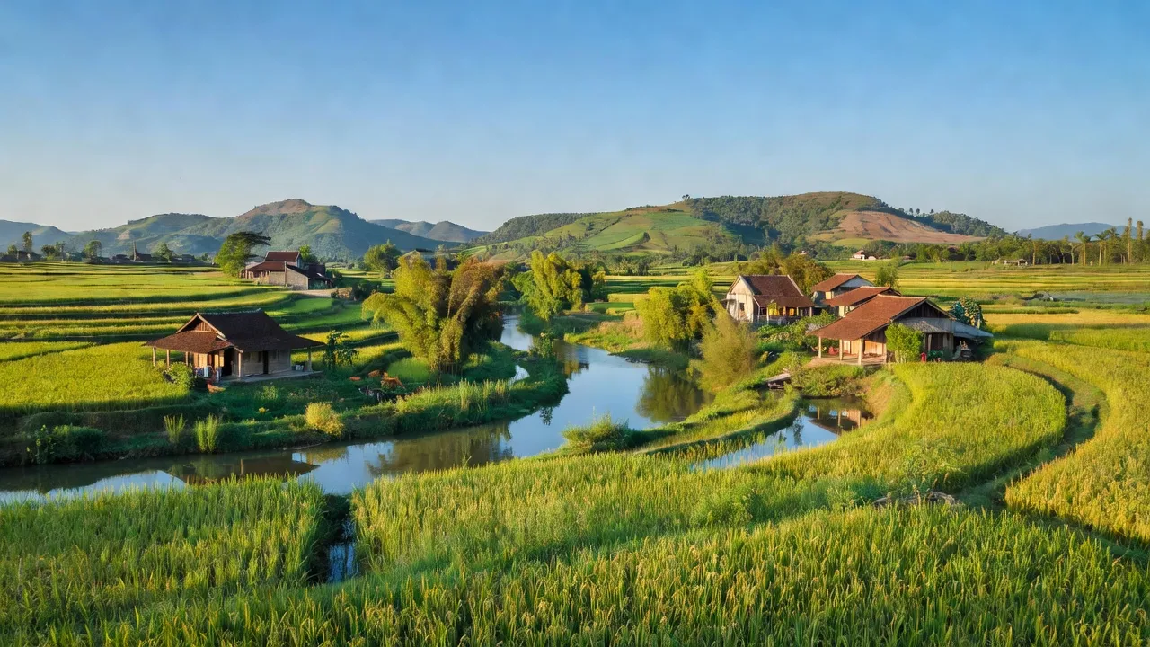Cảnh quan huyện Tam Nông, Phú Thọ với cánh đồng lúa xanh tươi và sống ven river.