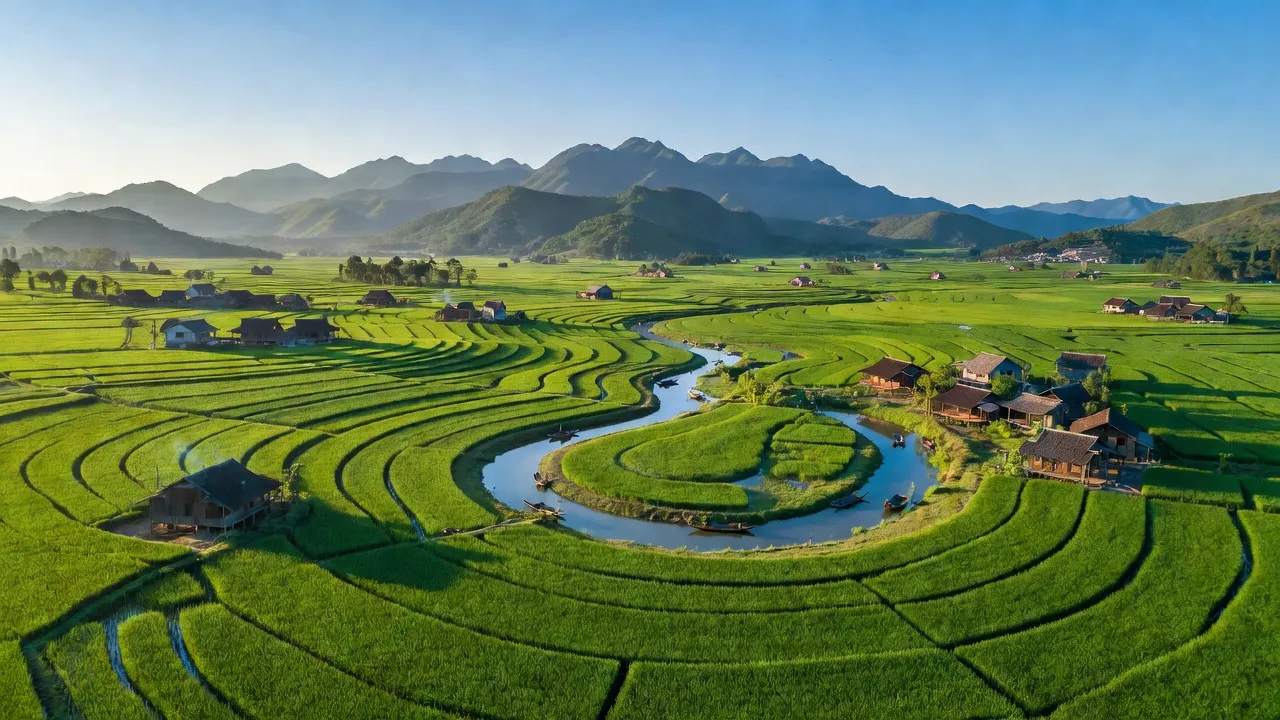 Huyện Tam Nông, Phú Thọ với cánh đồng xanh, sông nước và nhà nông thôn truyền thống.