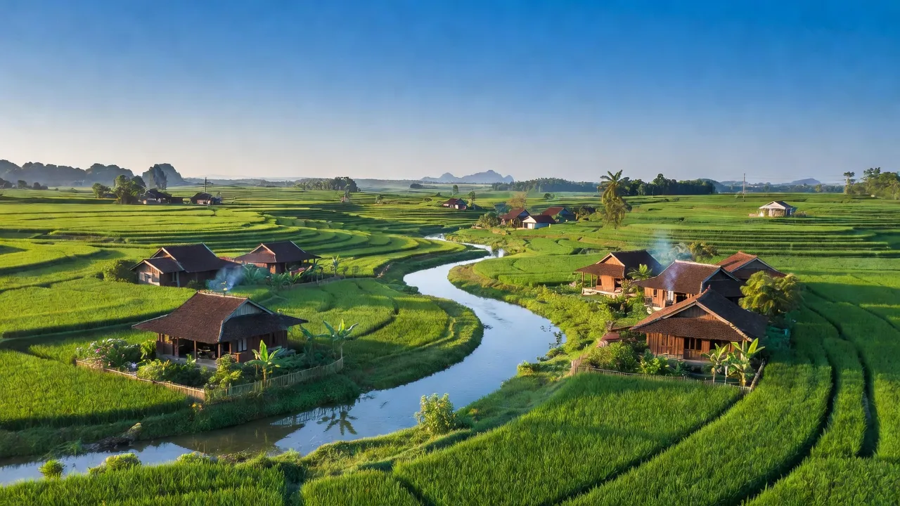 Cảnh đẹp xã Bắc Sơn, huyện Tam Nông, tỉnh Phú Thọ với đồng lúa xanh và sông Hồng.