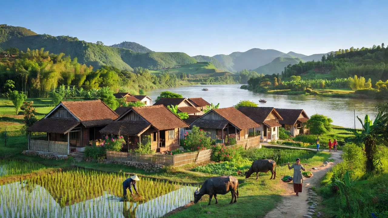 Khung cảnh Yên Quan, huyện Tam Nông, tỉnh Phú Thọ với sông Hồng và núi non xanh tươi.