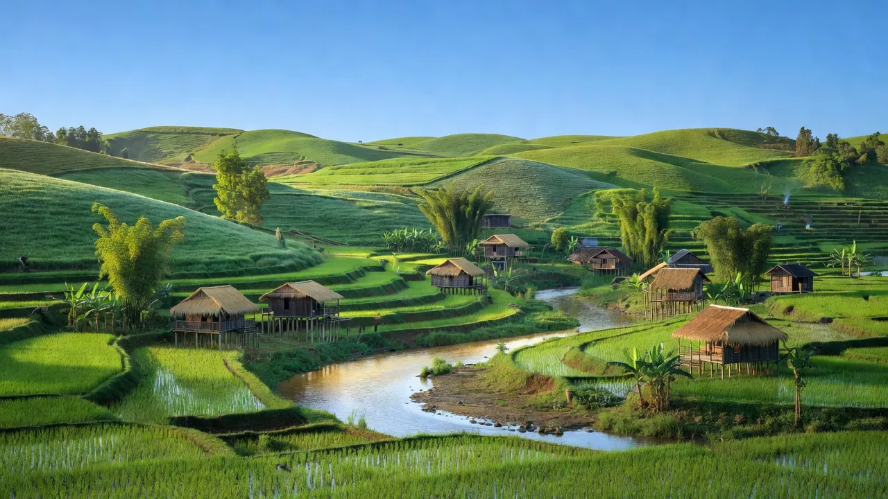 Hương Nộn village in Tam Nông, Phú Thọ, with rolling hills and the Red River view.