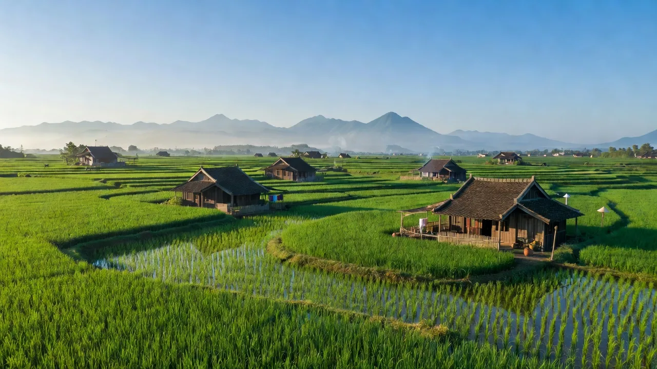 Cảnh quan Xã Lam Sơn huyện Tam Nông tỉnh Phú Thọ với đồng xanh và nhà truyền thống.