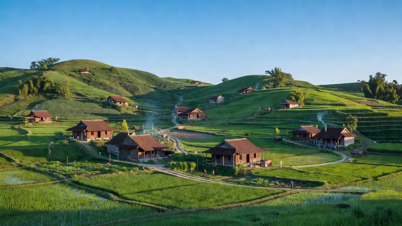 Quang Húc village in Tam Nông, Phú Thọ with green hills and traditional houses, embodying Vietnamese rural charm.