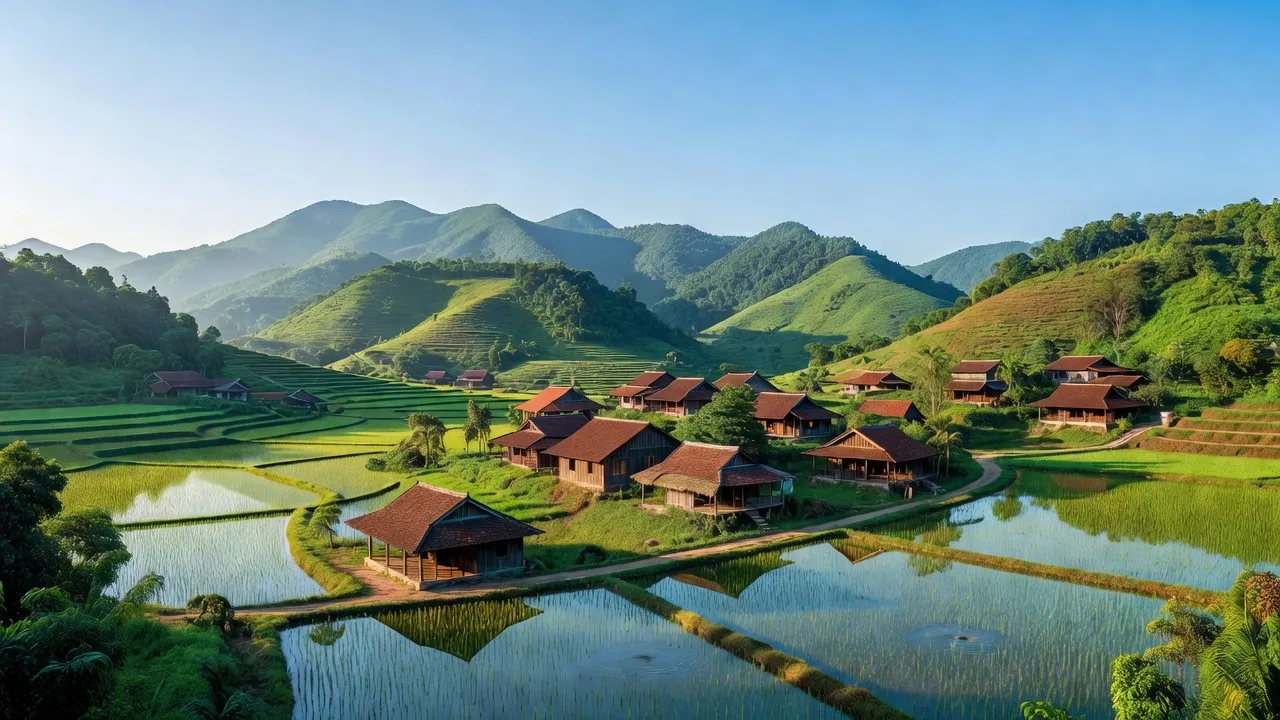 Khung cảnh Tề Lễ, Huyện Tam Nông, Tỉnh Phú Thọ với núi rừng xanh mát và bầu trời trong xanh.