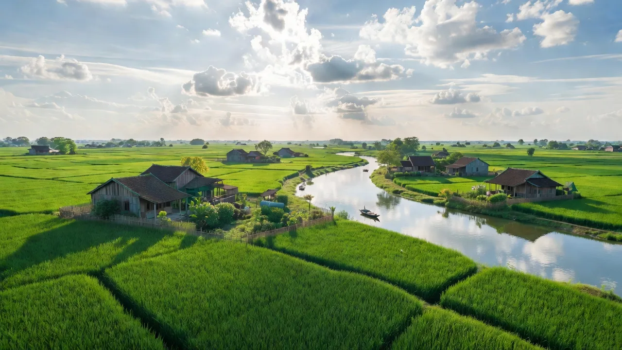 Cảnh đồng quê xã Thanh Uyên, huyện Tam Nông, có cánh đồng xanh và dòng sông Hồng.