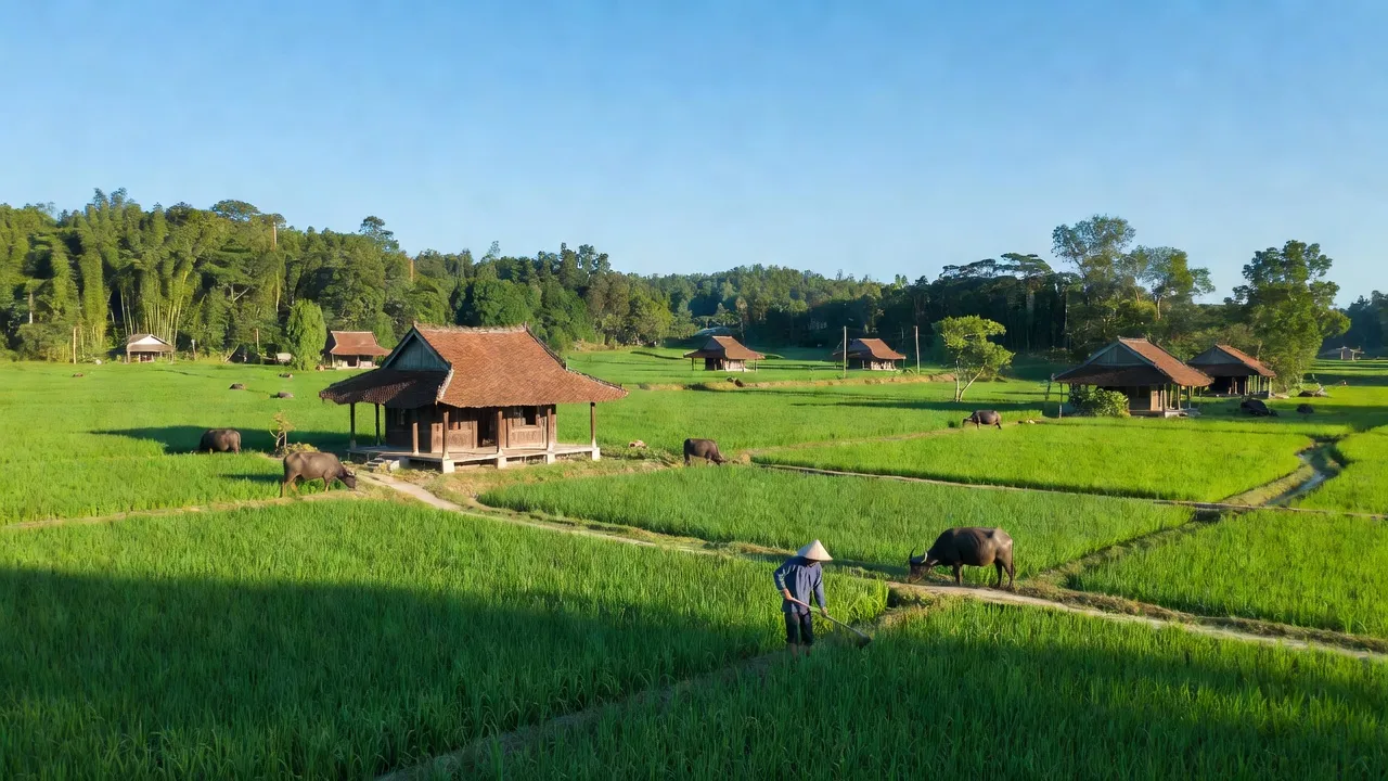 Cảnh đẹp xã Thọ Văn, huyện Tam Nông, tỉnh Phú Thọ với đồng xanh và kiến trúc truyền thống.