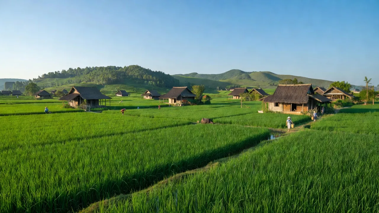 Cảnh đẹp xã Vạn Xuân, huyện Tam Nông, Phú Thọ với cánh đồng xanh và nhà truyền thống.