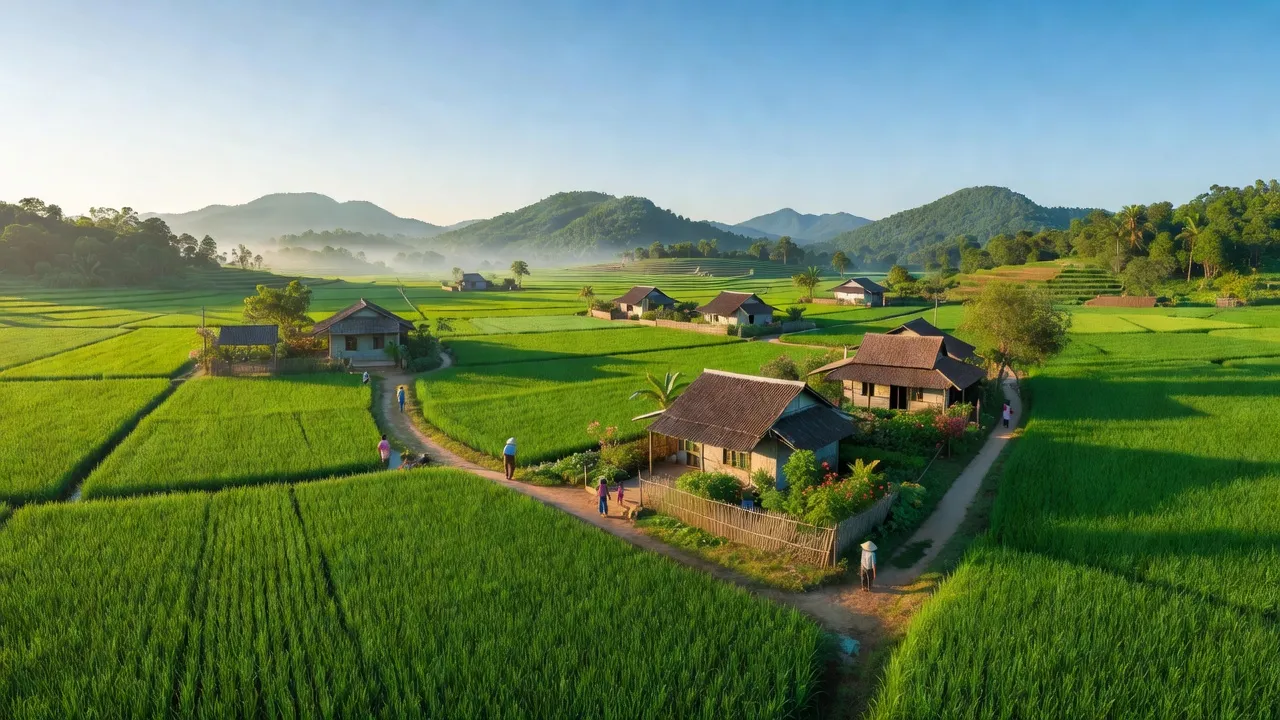 Cảnh quan Xã Vạn Xuân, Huyện Tam Nông, Tỉnh Phú Thọ với đồng xanh và nhà cửa gần gũi.