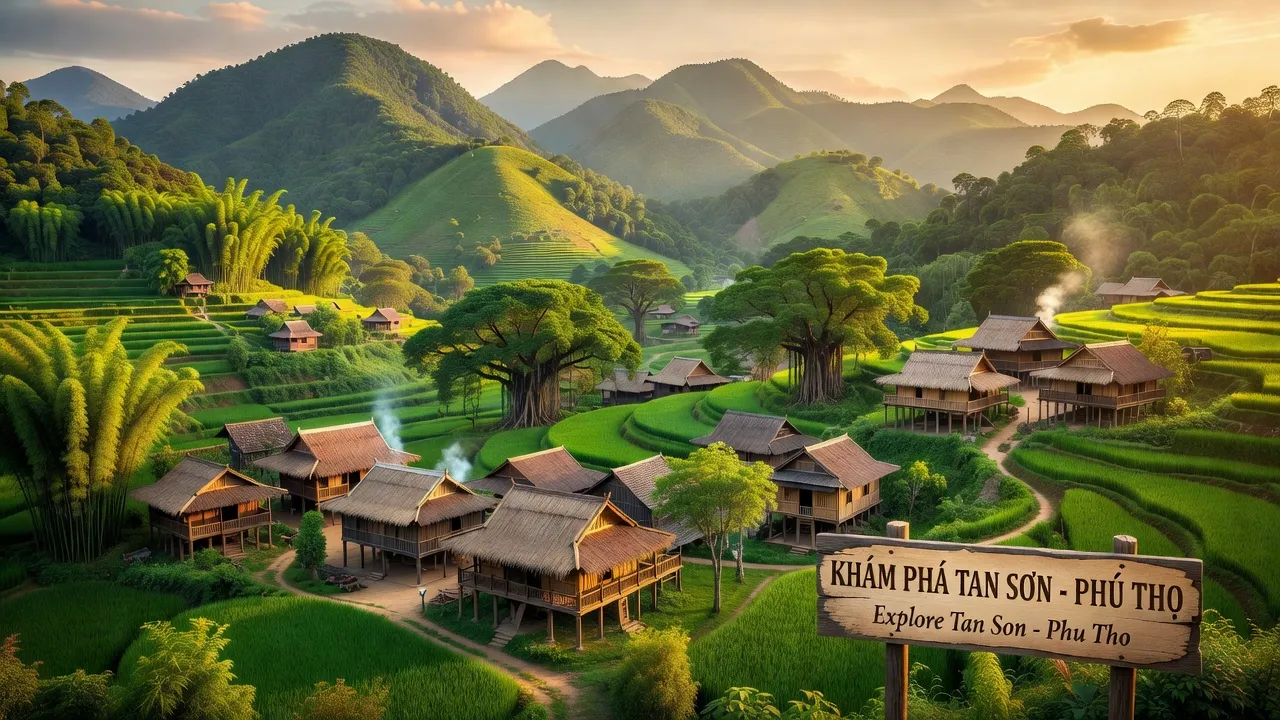 Toàn cảnh huyện Tân Sơn, Phú Thọ với núi rừng xanh tươi và bản sắc văn hóa địa phương.