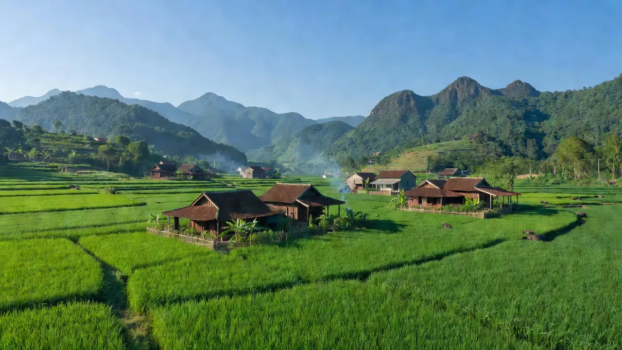 Khung cảnh tươi đẹp tại xã Kiệt Sơn, huyện Tân Sơn, tỉnh Phú Thọ với đồng xanh và nhà truyền thống.