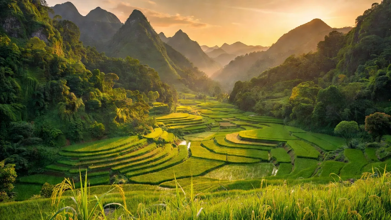 Cảnh đẹp xã Kim Thượng, huyện Tân Sơn, Phú Thọ, với núi non và cánh đồng lúa xanh.