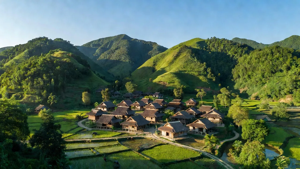 Phong cảnh xã Lai Đồng, huyện Tân Sơn, tỉnh Phú Thọ với núi xanh và bản làng truyền thống.