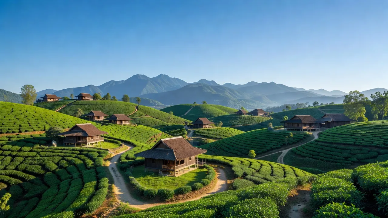 Cảnh quan yên bình tại xã Long Cốc, huyện Tân Sơn, tỉnh Phú Thọ với đồi chè và núi.