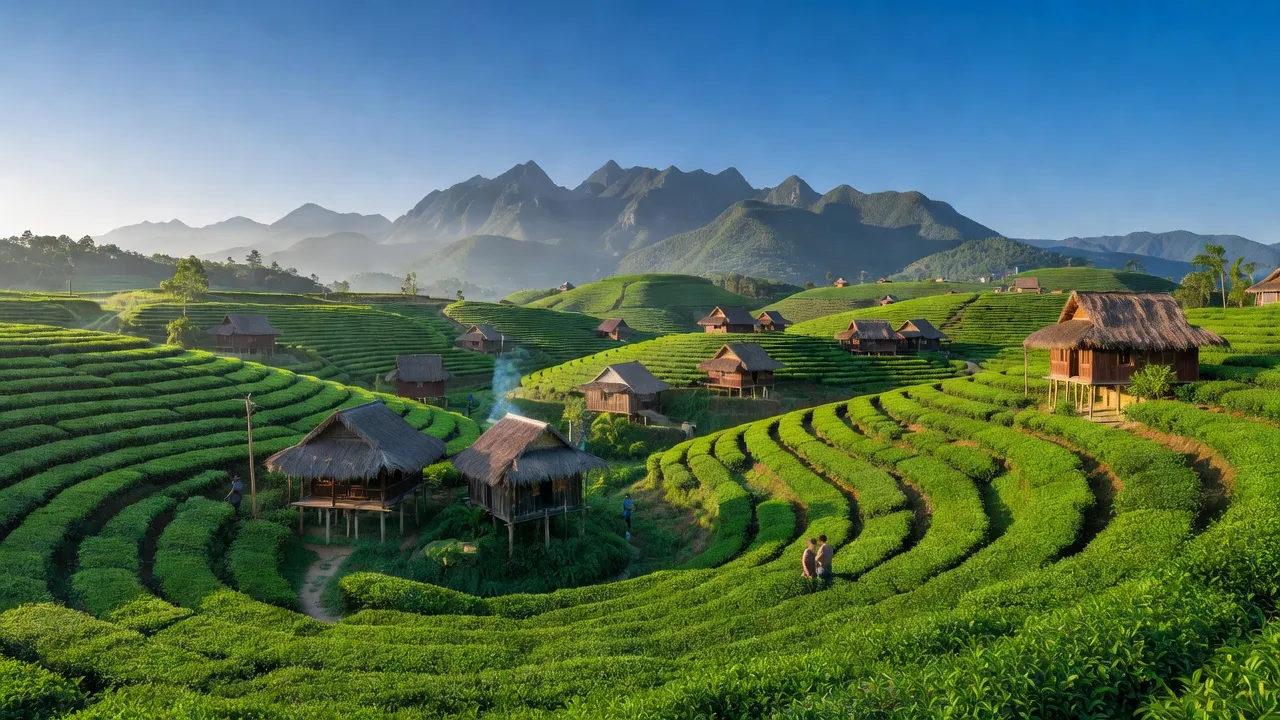 Khung cảnh yên bình tại Xã Long Cốc, Phú Thọ với đồi chè và nhà Mường.
