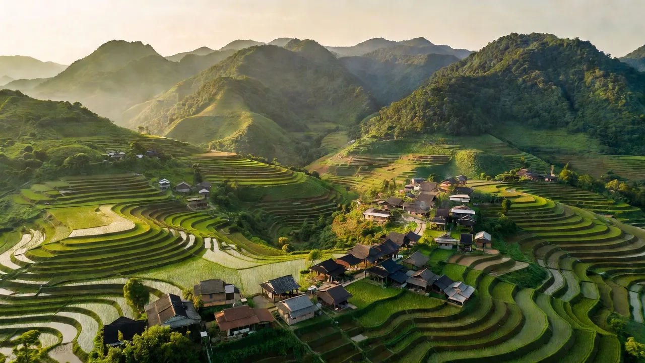 Toàn cảnh xã Minh Đài huyện Tân Sơn, Phú Thọ với cảnh sắc thiên nhiên xanh mát.