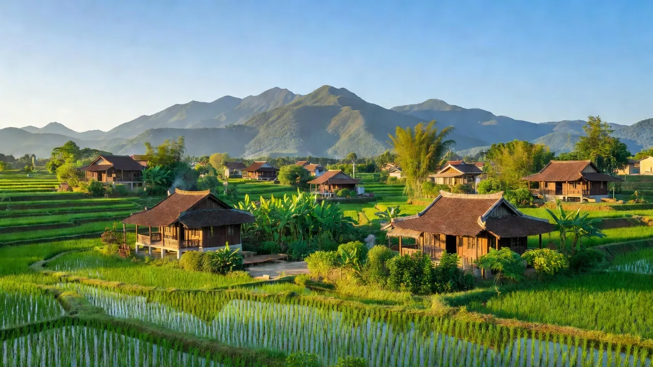 Khung cảnh tự nhiên ở xã Mỹ Thuận, huyện Tân Sơn, tỉnh Phú Thọ, có núi và cây xanh.