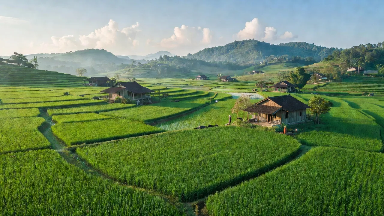 Cảnh đẹp xã Tam Thanh, huyện Tân Sơn, tỉnh Phú Thọ với cánh đồng lúa xanh mướt và nhà truyền thống.