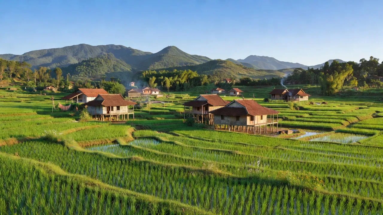 Quang cảnh Xã Tam Thanh, huyện Tân Sơn, tỉnh Phú Thọ, với cánh đồng lúa xanh và nhà dân dùng nông nghiệp.