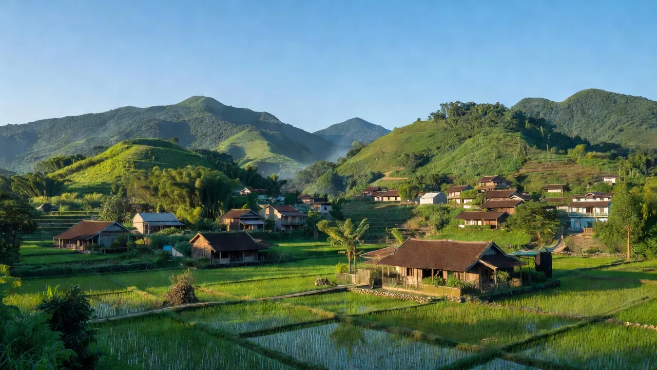 Khung cảnh thị trấn Tân Phú, huyện Tân Sơn, Phú Thọ với núi xanh và nhà truyền thống.