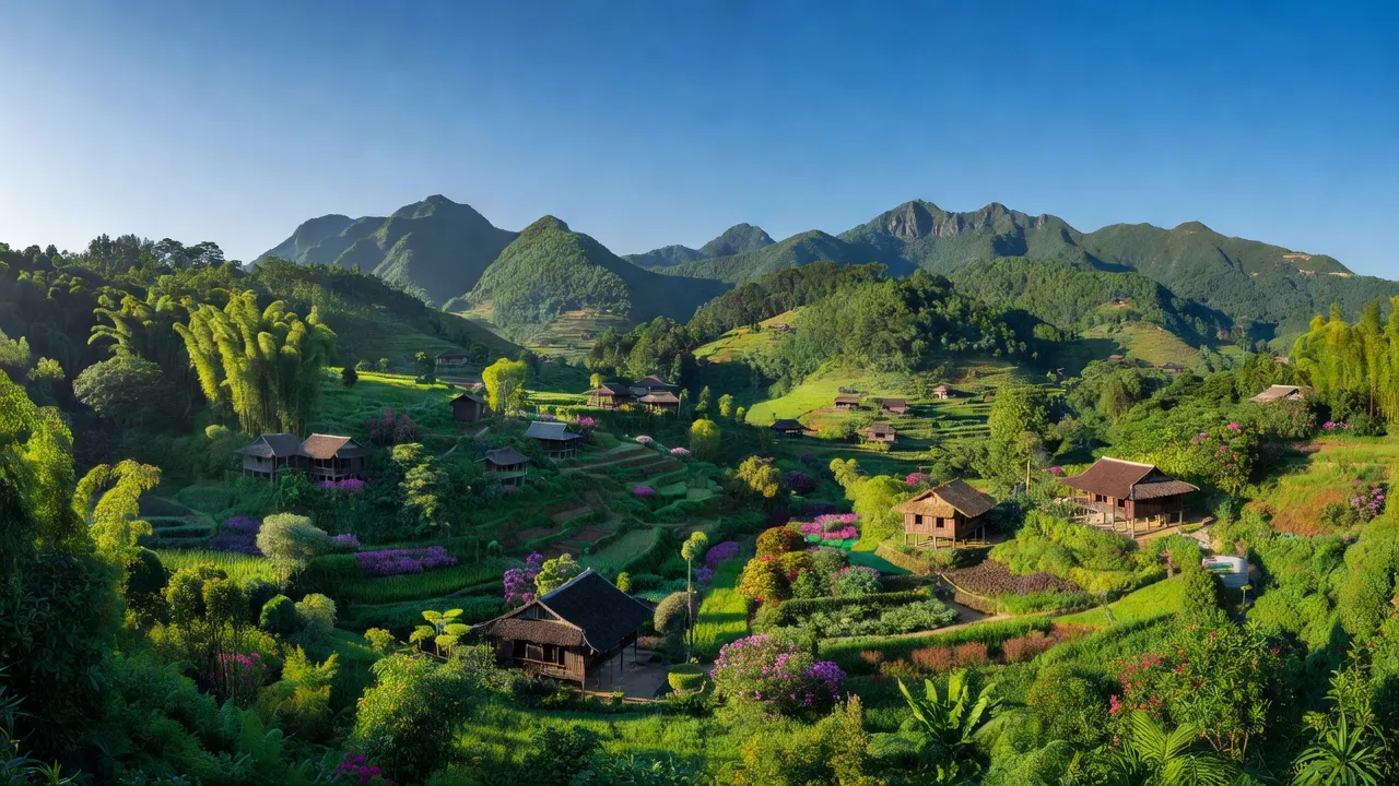 Khung cảnh Xã Thạch Kiệt, huyện Tân Sơn, tỉnh Phú Thọ với núi non và cây cối tươi tốt.